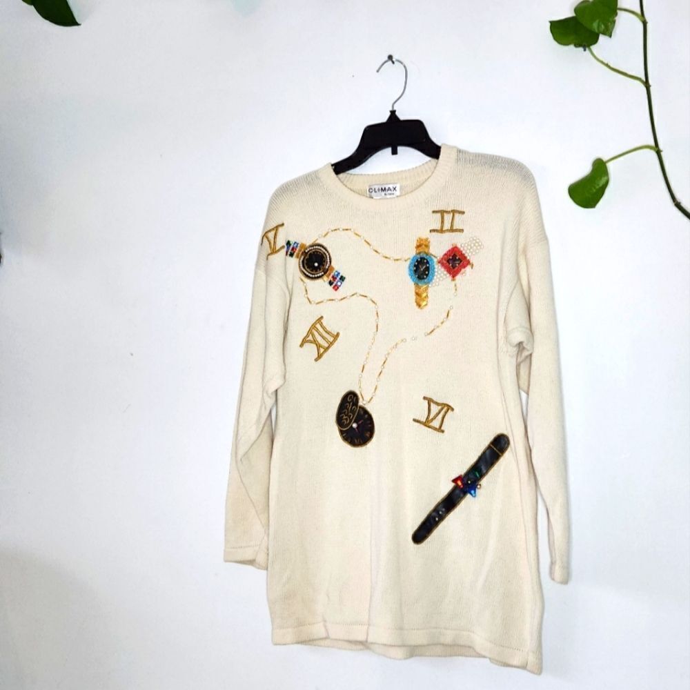 Cream Cotton Knit Vintage 80s Sweater Geometric Bedazzled Graphic Oversize